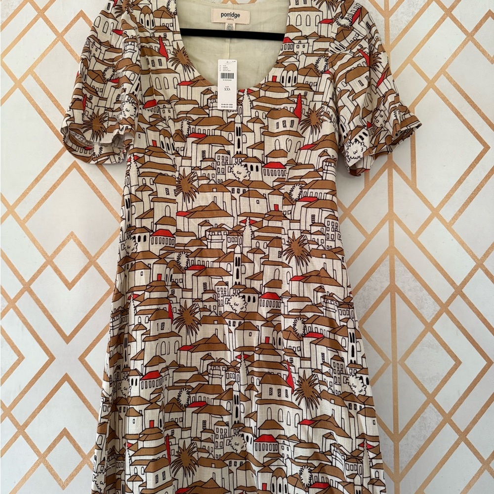 Porridge short sleeve crew neck linen printed mini dress